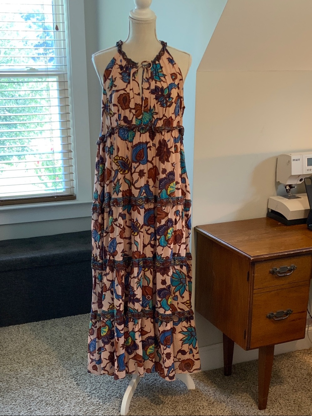 Anthropologie Boho Floral Halter Maxi Dress in Blush with Blue & Brown Print